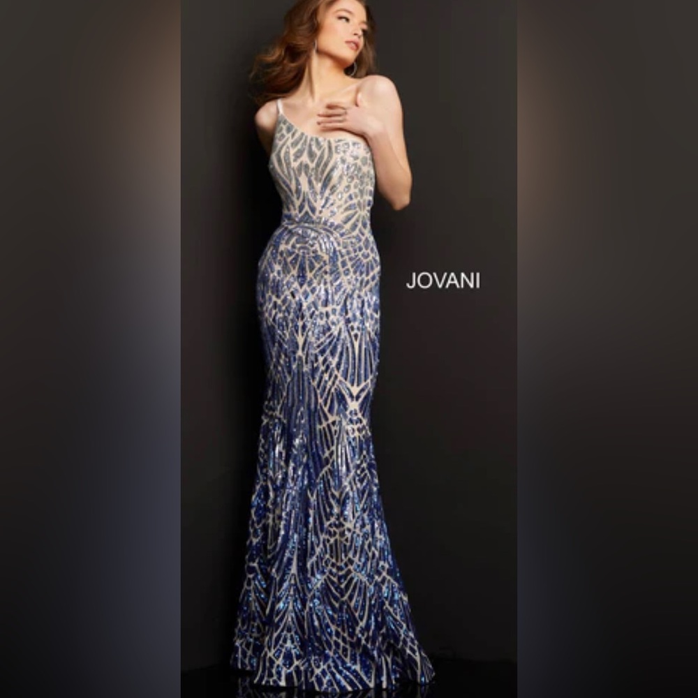 Jovani long fitted mermaid style one shoulder sequin gown with zipper back.